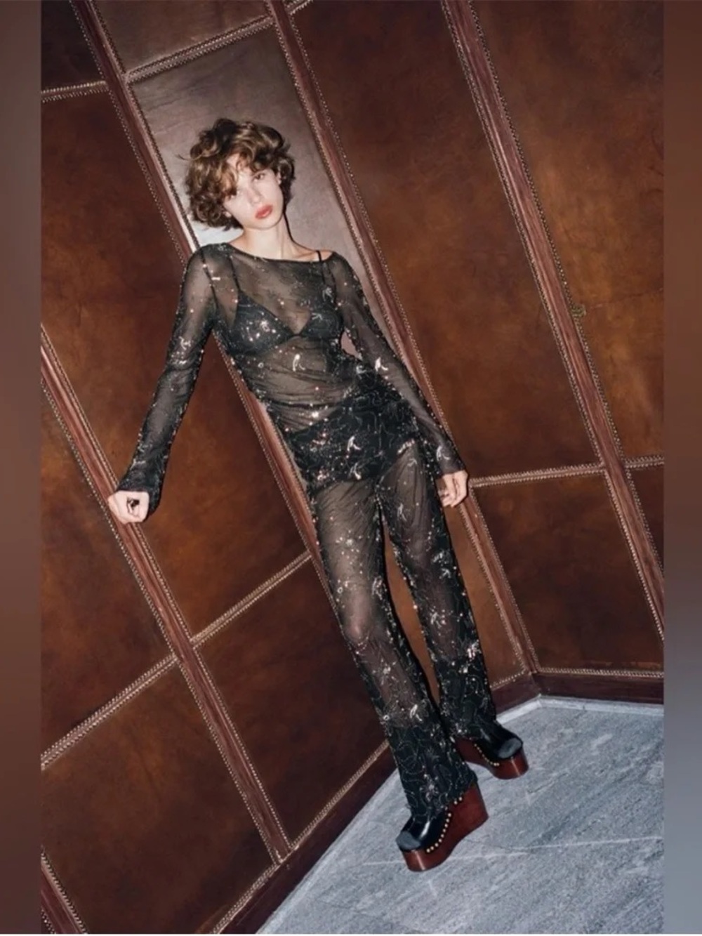 NWT. Zara Black Semi-Sheer Beaded Sequin Mid-Waist Trousers. Size M. - Picture 4 of 12